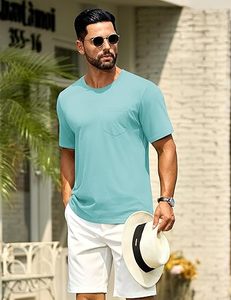 T-shirt pour homme à manches courtes, col rond, couleur unie, coupe classique, en coton, jersey décontracté, respirant, avec poche, toutes les couleurs - Product Image 4