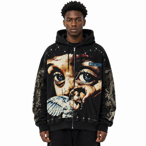 Wholesale Black Zip-Up Graphic Fleece Oversized Hoodie Custom Artwork Casual Layer <b>Pullover</b> Private Label OEM Vintage Supplier - Product Image 1