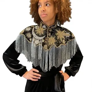 Cape en polyester noire ornée de fleurs, avec longues franges et franges brodées de perles pour adulte - Product Image 1