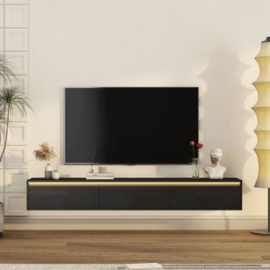 <b>Wall</b> Mounted TV Stand for Black TVs <b>Floating</b> LED Light Shelf with Power Outlet for Living Room Cabinets - Product Image 4