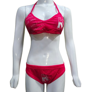 ชุดบิกินี่แบบ 3 ชิ้นสำหรับผู้หญิง ชุดว่ายน้ำเซ็กซี่แบบผูกคอ ลายปักสีชมพู สำหรับฤดูร้อน - Product Image 1