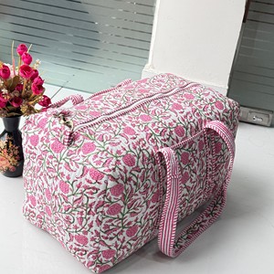 Floral Print Quilted <b>Duffel</b> <b>Bag</b> Pink White Stripe Handle Large Capacity Travel Weekender Shoulder Duffle <b>Bag</b> - Product Image 1