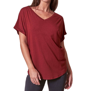 Women's V-Neck Batwing Sleeve Regular Fit 100% Polyester Casual Knitted Eco-Friendly Applique Summer T-Shirt Solid Color Red - Product Image 1