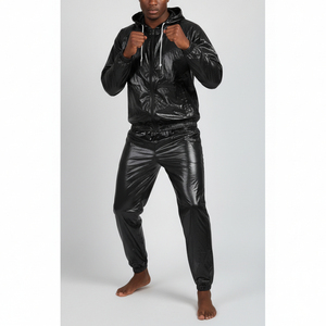 Ensemble de survêtement de sauna noir à capuche en fibre de polyester anti-fissures, taille élastique avec poches, pour femme, idéal pour la gym et le fitness – Meilleures ventes à prix abordable - Product Image 1