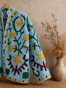 Bohemian Blue Fleece <b>Velvet</b> Suzani <b>Jacket</b> With Floral Embroidery Stand Collar Full Sleeve <b>Women's</b> Autumn Outerwear - Product Image 5