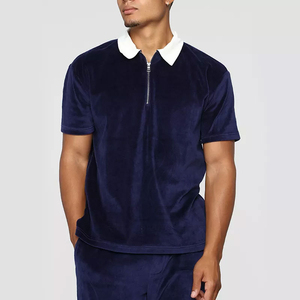 Streetwear OEM Custom Logo Mens High Quality Blue Velvet Polo <b>Shirts</b> Summer Short Sleeve Turndown Rib <b>Collar</b> Zip Men <b>T</b> <b>Shirt</b> - Product Image 1