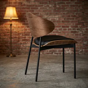 Modern Wooden Restaurant <b>Chair</b> with Curved Backrest Cushioned Seat and <b>Black</b> Metal Legs for Cafe Living Room Office Use - Product Image 3