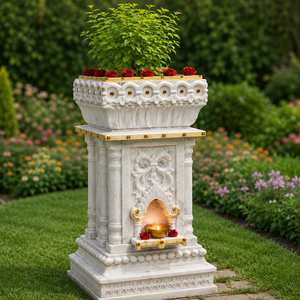 Premium Handcrafted Marble <b>Rectangle</b> Tulsi Pot Stand for Home Temple Garden Balcony Decorative Sacred Tulsi <b>Planter</b> Carved - Product Image 5