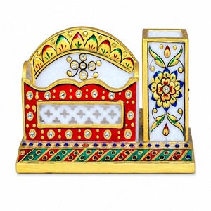 Elegante y Sofisticado Juego de Oficina de Mármol Makrana con Decoración Floral y Piedras Preciosas, Hecho a Mano, Ecológico, Diseño Art Deco, para Diwali - Product Image 1