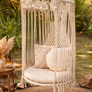 Boho Macrame Hanging Chair – Handmade Cotton <b>Hammock</b> <b>Swing</b> Seat for Garden, Patio & Bohemian Outdoor Decor - Product Image 1