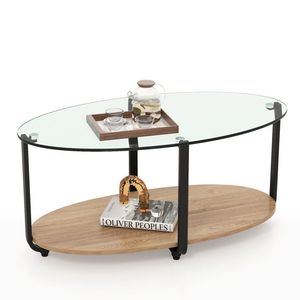 Tavolino da Caffè Rustico a 2 Livelli con Piano in Vetro e Ripiano in Legno per Soggiorno - Product Image 4