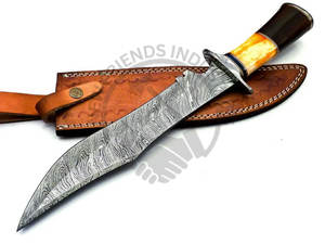 Nueva edición de cuchillo Bowie hecho a mano de acero de Damasco con mango de hueso y cuerno de toro, cuchillo de hoja fija para caza, camping, colección y regalos. - Product Image 3