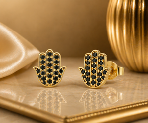 Gold Color Hamsa Hand <b>Stud</b> <b>Earrings</b> <b>Black</b> Zircon Pave 925 Sterling Silver Ear Jewelry for Women Gift - Product Image 4