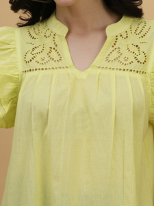 Women's Yellow Linen Blouse With Ruffles Cap Sleeve V-<b>Neck</b> Casual Loose Fit Spring Summer <b>Top</b> - Product Image 6