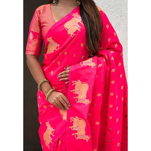 Sari en soie douce rose Elite Weaves, tissé double Zari, avec bordure Nandi, robes de soirée élégantes - Product Image 3