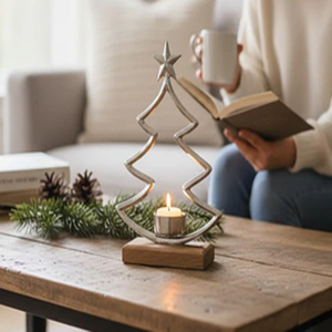 Décoration de Noël, porte-bougie en métal en forme d'arbre, porte-bougie artisanal en métal avec base en bois de manguier massif - Product Image 2