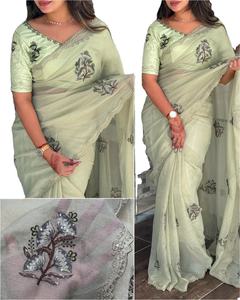 Multi secuencia y bordado corte borde trabajo playa fiesta y días casuales desgaste tela de seda de Organza pura Sari de lujo para mujeres - Product Image 1