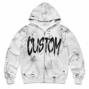 Distressed White Ripped Zip Hoodies Dirty Faded <b>Spray</b> <b>Paint</b> Brush Lettering Oversized Torn Holes Frayed Seams Sweatshirt Jackets - Product Image 1