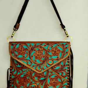 Bolso Bandolera de Cuero Hecho a Mano para Mujer, Estilo Veraniego, Turquesa, Geométrico, Estilo Western, Bolso de Hombro Vintage, Tipo Sobre - Product Image 1