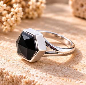 Black Onyx Hexagonal Gemstone <b>Ring</b> in <b>Sterling</b> <b>Silver</b>, Bold Statement <b>Ring</b> for <b>Men</b> and Women Fashion Jewelry - Product Image 5