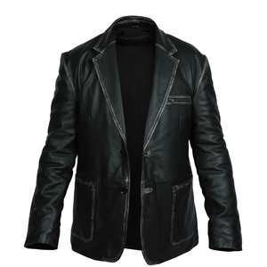 Men's Black <b>Leather</b> Single Breasted Notched Collar <b>Blazer</b> Regular Fit Windproof Woven <b>Jacket</b> - Product Image 1