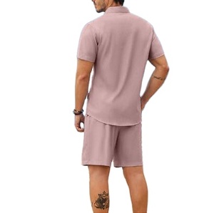 Ensemble décontracté deux pièces en tissu éponge uni avec logo personnalisé pour homme, idéal pour le bureau et les soirées, comprenant un short et une chemise pour l'été - Product Image 2