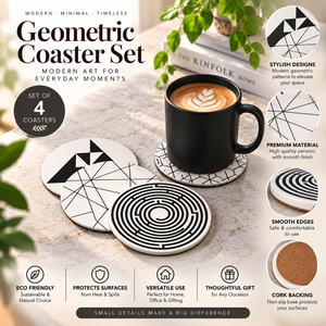 Geometric Coaster Set of 4 MDF Round Drink Coasters Heat Resistant <b>Table</b> <b>Protectors</b> Cork Backing Modern Home Office Decor | Set - Product Image 5