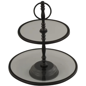 2 Tier Glass & Metal Cake Stand Export Quality Round <b>Cookie</b> & Cupcake Display Smoke Glass Black Matte Made in India - Product Image 1