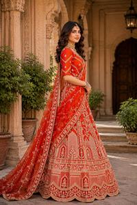 Vestido de novia de diseñador con bordado elaborado con zari, dori y hilo, lehenga de seda premium con blusa y dupatta de trabajo elaborado. - Product Image 5