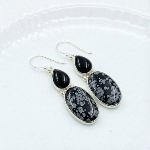 Boucles d'oreilles pendantes pour femmes en argent sterling 925 massif, faites à la main, avec plusieurs pierres précieuses, serti clos, flocon de neige et onyx - Product Image 3