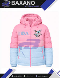 Blouson d'hiver chaud à capuche rose Gamma Phi Delta Sorority, style streetwear, avec logo frontal, design personnalisé GPD Sorority grec. - Product Image 5