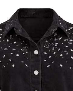 Veste en jean courte noire personnalisée pour femme avec col à strass et boutons, manches longues, style urbain, haut tendance - Product Image 3