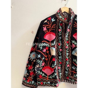 Black <b>Velvet</b> Stand Collar <b>Jacket</b> <b>Women</b> Hand Embroidered Floral Suzani Coat Zipper Winter Short Boho Outerwear - Product Image 4