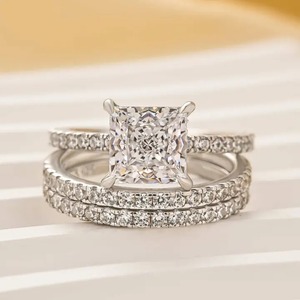 925 Moissanite Diamond Princess Cut Wedding <b>Ring</b> With <b>Two</b> Classic Wedding Bands in White Gold Plated with D Color & VVS Clarity. - Product Image 3