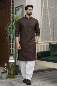 Kurta en coton marron pour homme avec salwar blanc, coupe régulière, longueur cheville, tenue décontractée traditionnelle indienne et pakistanaise, toutes saisons - Product Image 4