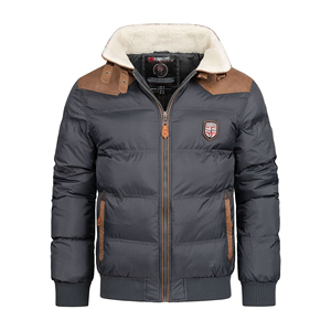 Men's Winter Waterproof <b>Quilted</b> Jacket Stand Collar Knitted Windproof <b>Thick</b> Polyester Fiber Casual Patch Design Zipper Closure - Product Image 1