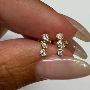 Modern Straight Bar Studs 14K Solid <b>Gold</b> Bezel Cut Lab Grown Trio Diamond White D Color VS+ Clarity 0.18ct Minimalist <b>Earrings</b> - Product Image 6