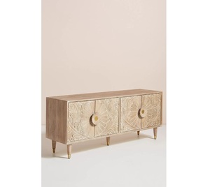 Midcentury Modern Wood <b>TV</b> <b>Stand</b> With Floral Carving Storage Cabinet Living Room Furniture - Product Image 1