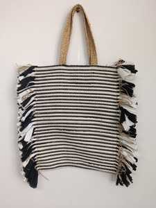 Sac fourre-tout bohème en jute/coton avec franges blanches et poignées en corde, grand sac de plage et de shopping - Product Image 2