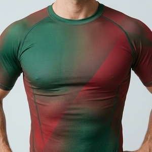 Men Short Sleeve O-Neck Compression Shirt Gradient Geometric Pattern Quick Dry Sporty Fit Knitted Polyester - Product Image 3