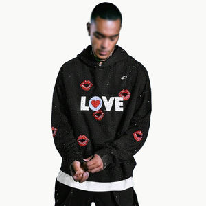 Sudadera con capucha de algodón polar con estampado de labios y gráfico de diamantes de imitación, estilo oversize, streetwear, diseño de marca privada - Product Image 1