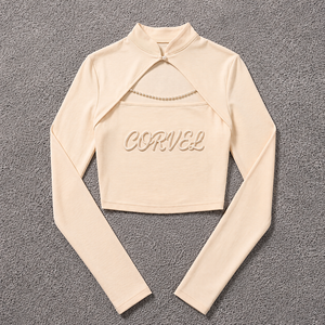 Haut court en tricot beige brodé à col mandarin et découpes pour femme, chemisier Y2K à manches longues personnalisé - Product Image 3