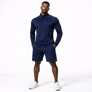 Conjunto Deportivo Azul Marino para Hombre, Camiseta de Manga Larga con Cierre de Cremallera y Pantalones Cortos, Ropa Deportiva Personalizada del Fabricante Wida Sports - Product Image 1
