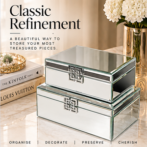 Silver <b>Mirrored</b> Glass <b>Jewelry</b> <b>Storage</b> Box Set with Geometric Metal Clasp Beveled Edges Soft Velvet Lining Decorative Organizer - Product Image 2