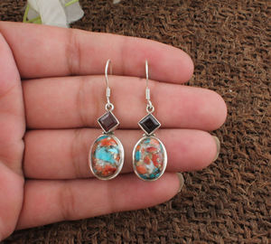 Boucles d'oreilles pendantes ovales en argent sterling 925 avec grenat rouge naturel et coquille d'huître épineuse, bijoux de luxe en pierres précieuses pour femme, cadeau de fête - Product Image 1