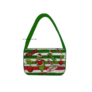 Sac à bandoulière en toile brodée Grinch, motif rayé vert, sac à main tendance pour femme, bandoulière unique, toutes saisons, usage quotidien - Product Image 3
