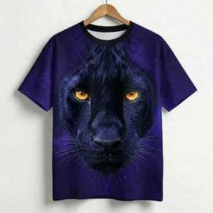 Camiseta de Manga Corta con Cuello Redondo para Hombre, Diseño de Pantera Negra con Ojos Verdes, Estampado Digital, Estilo Casual, Algodón Jersey, Talla Grande, Ecológica - Product Image 3