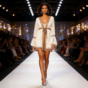 Oferta especial en Temu: Blusa de encaje con cuello en V, mangas acampanadas y lazo en la cintura para mujer. Blusa informal elegante para vacaciones y atuendos diarios. - Product Image 2