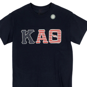 T-shirt KAT USA Flag noir à col rond avec lettres grecques patriotiques pour femme – Couleurs noir, rouge, blanc, bleu - Product Image 1