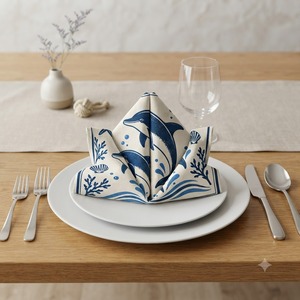 Serviette de table en coton imprimé de qualité supérieure avec motif dauphin et océan – Serviette de table sur le thème de la vie marine côtière avec étoiles de mer, coquillages et vagues - Product Image 4